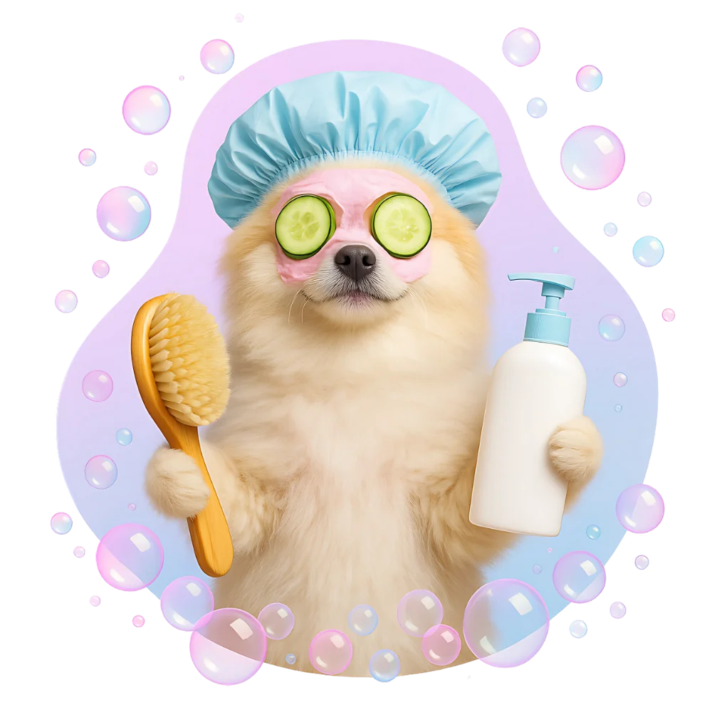Dog holding a brush and shampoo, mobile pet grooming Tampa - Ori´s Pet Spa